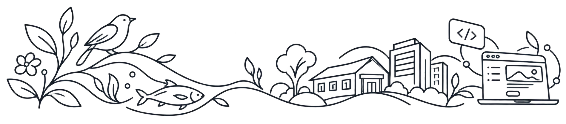 Ilustrasi tanaman, burung, ikan, sekolah, gedung, dan aplikasi terhubung