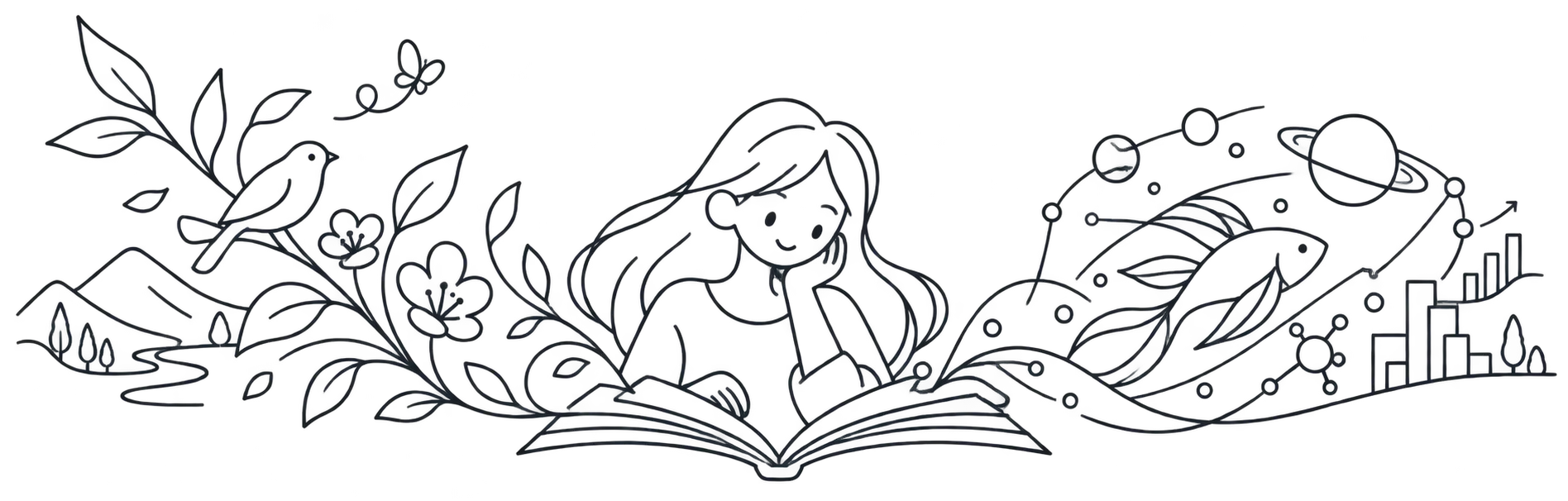 Ilustrasi anak membaca buku dikelilingi burung, bunga, ikan, dan grafik data